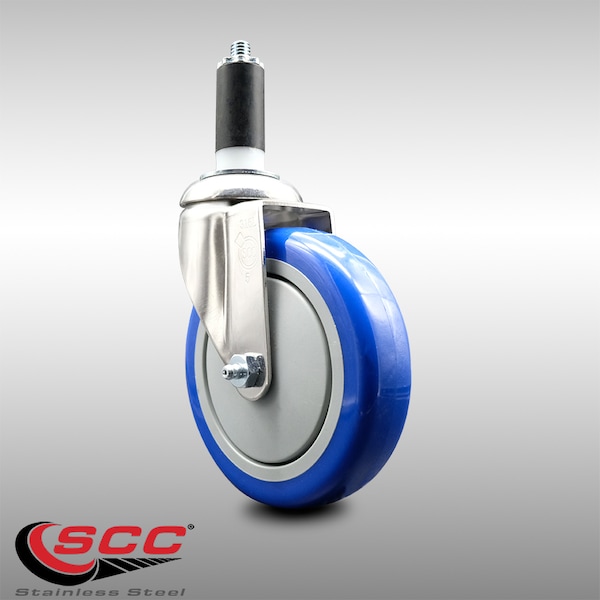 5 Inch 316SS Blue Polyurethane Wheel Swivel 1-1/4 Inch Expanding Stem Caster